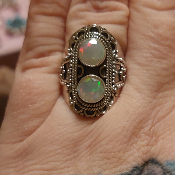 Ethiopian Opal Double Stone Vintage Style Sterling Silver Ring Size 7.5 - Picture 5 of 9